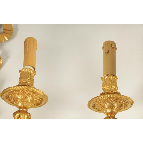 772 - A FINE LARGE PAIR OF 19TH CENTURY FRENCH EMPIRE STYLE ORMOLU THREE BRANCH WALL LIGHTS the arrow and ... 