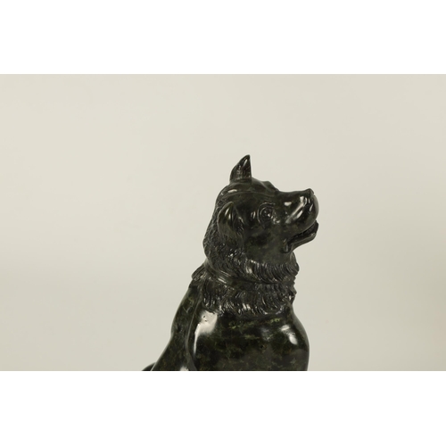 780 - A 19TH CENTURY FRENCH CARVED GREEN MARBLE SCULPTURE OF A SEATED DOG finely executed and set on a mou... 