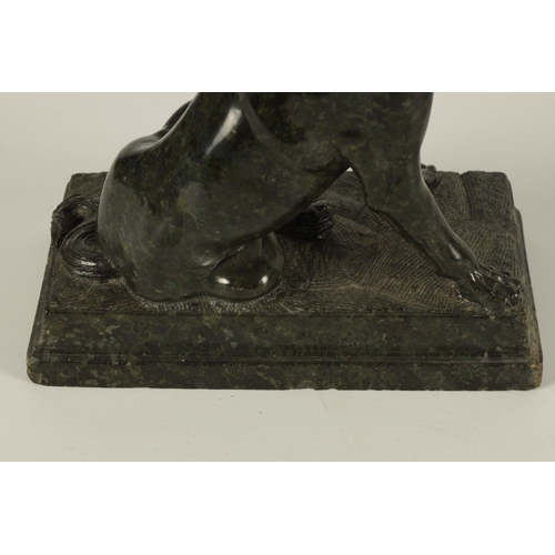 780 - A 19TH CENTURY FRENCH CARVED GREEN MARBLE SCULPTURE OF A SEATED DOG finely executed and set on a mou... 