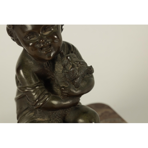 789 - A 19TH CENTURY FRENCH BRONZE SCULPTURE OF A SEATED CHILD WITH DOG on a variegated marble plinth base... 