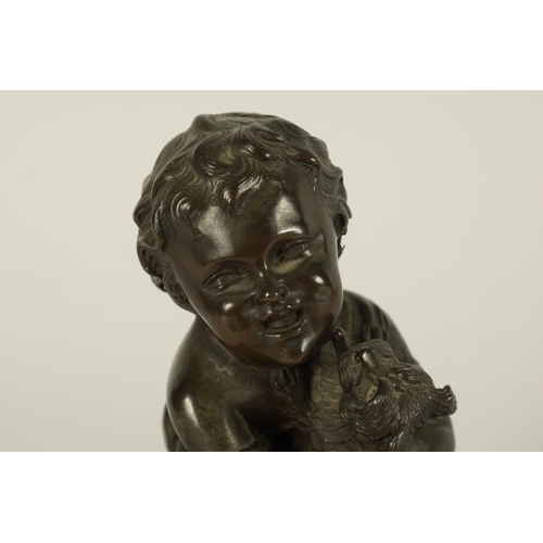 789 - A 19TH CENTURY FRENCH BRONZE SCULPTURE OF A SEATED CHILD WITH DOG on a variegated marble plinth base... 