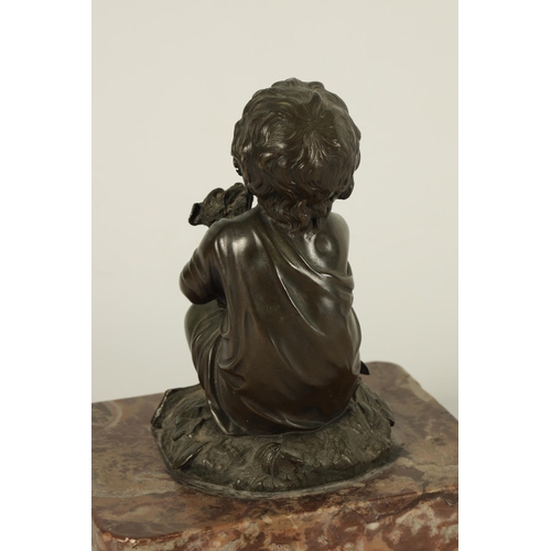 789 - A 19TH CENTURY FRENCH BRONZE SCULPTURE OF A SEATED CHILD WITH DOG on a variegated marble plinth base... 