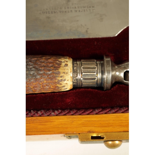 790 - A LATE 19TH CENTURY BOXED SILVER MOUNTED STAG HORN CARVING SET the inlaid oak case with velvet and s... 