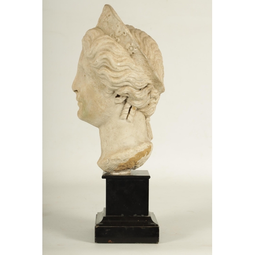 796 - AN INTERESTING 18TH CENTURY ITALIAN CARVED MARBLE HEAD OF A GODDESS mounted on a later black slate s... 