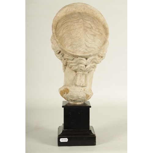 796 - AN INTERESTING 18TH CENTURY ITALIAN CARVED MARBLE HEAD OF A GODDESS mounted on a later black slate s... 