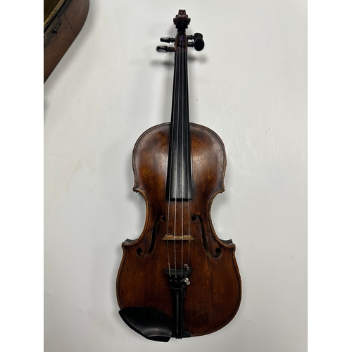 483 - AN 18TH CENTURY FULL-SIZE VIOLIN with a one-piece back together with two bows in a W.E. Hill & Sons ... 