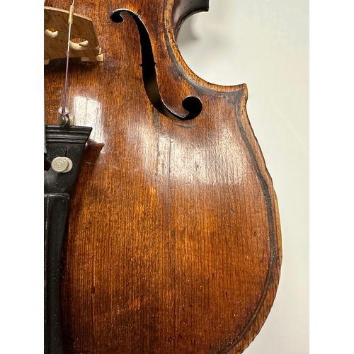 483 - AN 18TH CENTURY FULL-SIZE VIOLIN with a one-piece back together with two bows in a W.E. Hill & Sons ... 