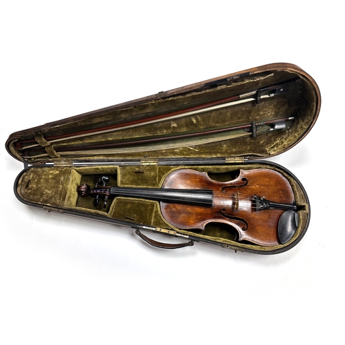 483 - AN 18TH CENTURY FULL-SIZE VIOLIN with a one-piece back together with two bows in a W.E. Hill & Sons ... 