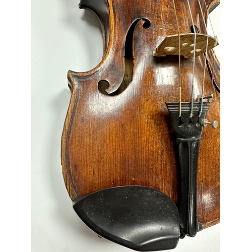 483 - AN 18TH CENTURY FULL-SIZE VIOLIN with a one-piece back together with two bows in a W.E. Hill & Sons ... 