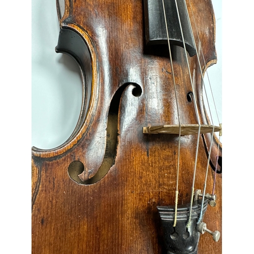 483 - AN 18TH CENTURY FULL-SIZE VIOLIN with a one-piece back together with two bows in a W.E. Hill & Sons ... 