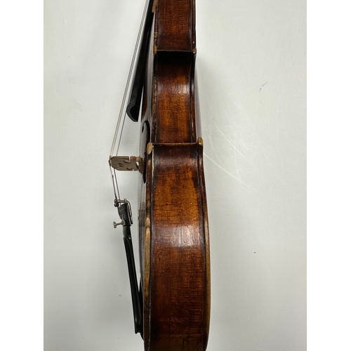 483 - AN 18TH CENTURY FULL-SIZE VIOLIN with a one-piece back together with two bows in a W.E. Hill & Sons ... 