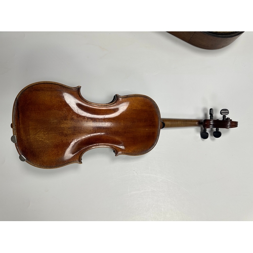 483 - AN 18TH CENTURY FULL-SIZE VIOLIN with a one-piece back together with two bows in a W.E. Hill & Sons ... 