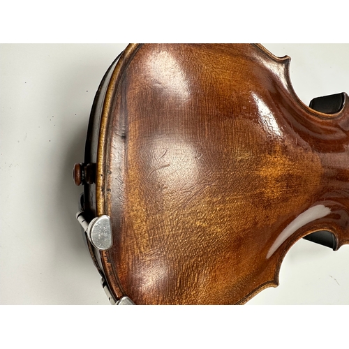 483 - AN 18TH CENTURY FULL-SIZE VIOLIN with a one-piece back together with two bows in a W.E. Hill & Sons ... 