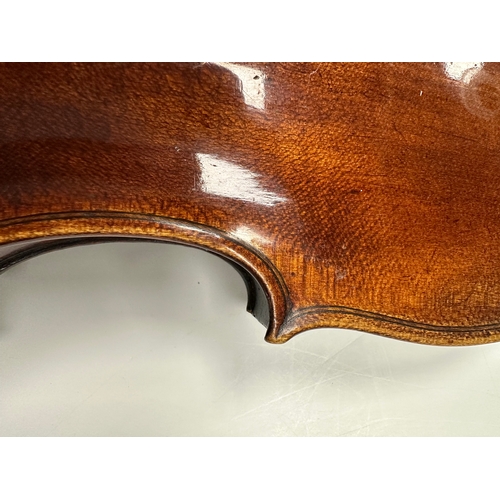 483 - AN 18TH CENTURY FULL-SIZE VIOLIN with a one-piece back together with two bows in a W.E. Hill & Sons ... 