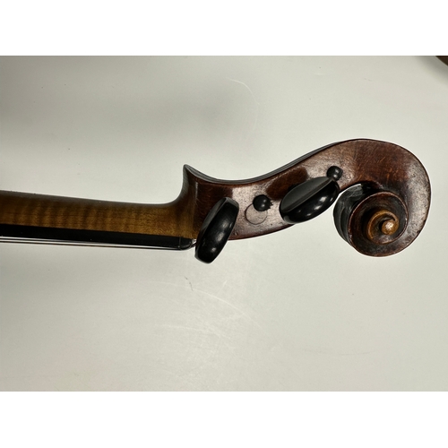 483 - AN 18TH CENTURY FULL-SIZE VIOLIN with a one-piece back together with two bows in a W.E. Hill & Sons ... 