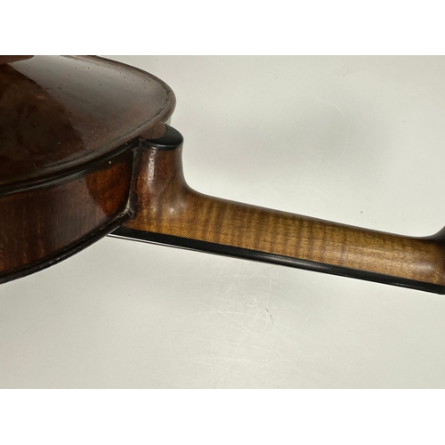 483 - AN 18TH CENTURY FULL-SIZE VIOLIN with a one-piece back together with two bows in a W.E. Hill & Sons ... 