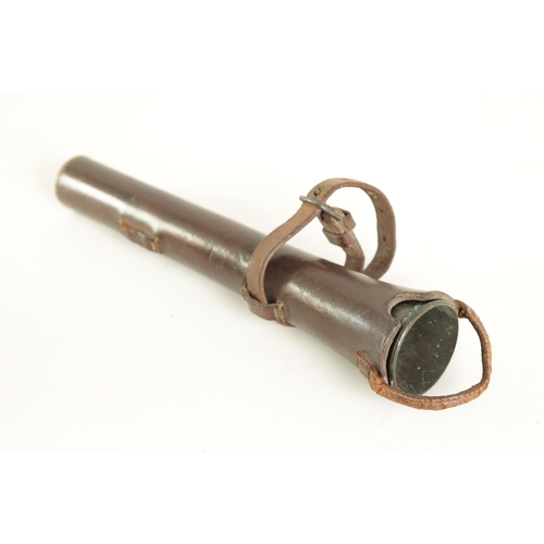 41 - A LEATHER CASED HUNTING HORN BY J. SCHOMBERG & SONS, LONDON having a seemed copper body with nickel ... 