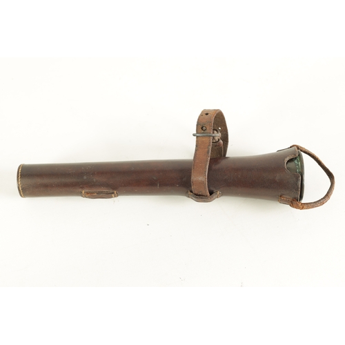 41 - A LEATHER CASED HUNTING HORN BY J. SCHOMBERG & SONS, LONDON having a seemed copper body with nickel ... 