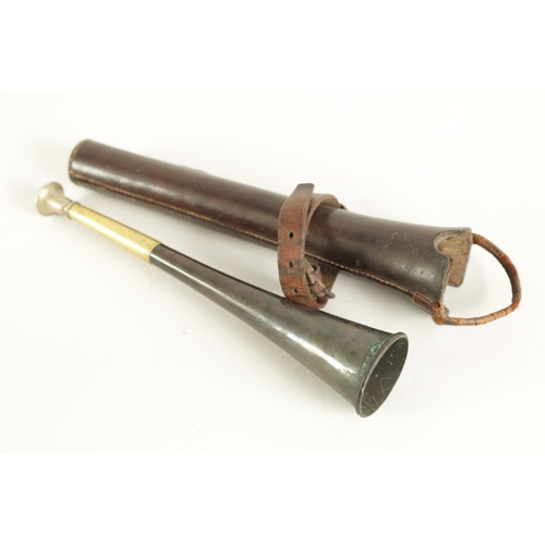 41 - A LEATHER CASED HUNTING HORN BY J. SCHOMBERG & SONS, LONDON having a seemed copper body with nickel ... 