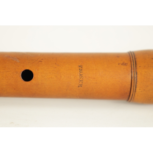 42 - A LATE 18TH CENTURY FLUTE MADE BY PROSER Turned in boxwood with a single brass key and impressed mak... 