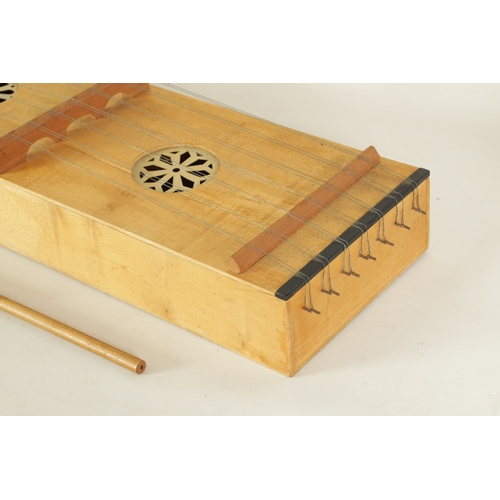 69 - A RENAISSANCE STYLE DULCIMER WITH BEATER of rectangular form with 14 wire striking's and two pierced... 