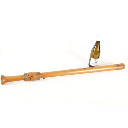 77 - AN EARLY BASS RECORDER BY JOHN COUSEN turned in maple with brass collars and pierced barrel shaped c... 