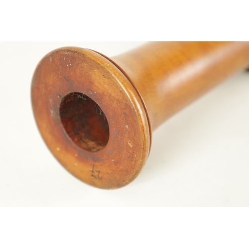 77 - AN EARLY BASS RECORDER BY JOHN COUSEN turned in maple with brass collars and pierced barrel shaped c... 