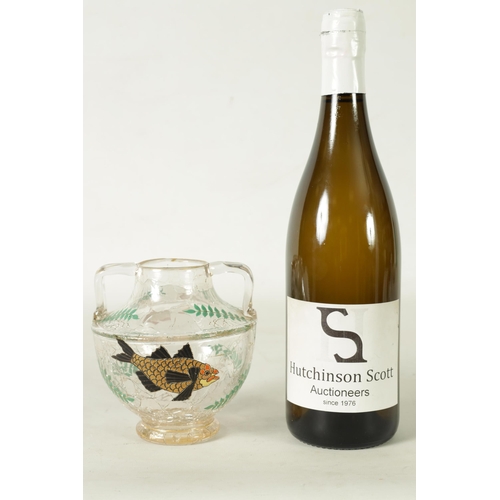 1 - AN EARLY 20TH CLEAR CRACKLEWARE TWO-HANDLED GLASS VASE with coloured enamel fish and fern spray deco... 