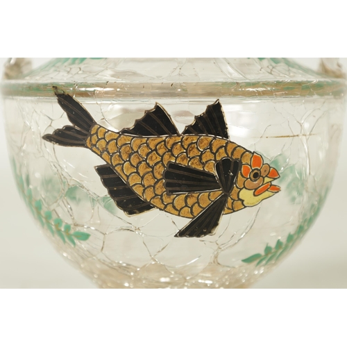 1 - AN EARLY 20TH CLEAR CRACKLEWARE TWO-HANDLED GLASS VASE with coloured enamel fish and fern spray deco... 