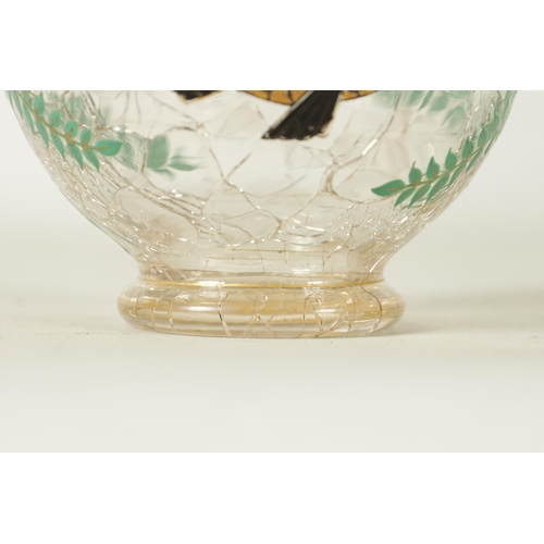 1 - AN EARLY 20TH CLEAR CRACKLEWARE TWO-HANDLED GLASS VASE with coloured enamel fish and fern spray deco... 