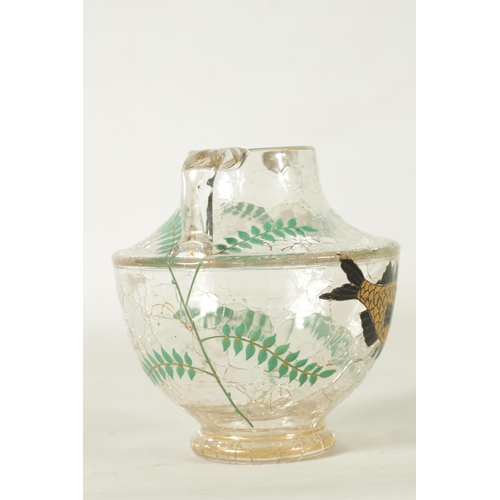 1 - AN EARLY 20TH CLEAR CRACKLEWARE TWO-HANDLED GLASS VASE with coloured enamel fish and fern spray deco... 