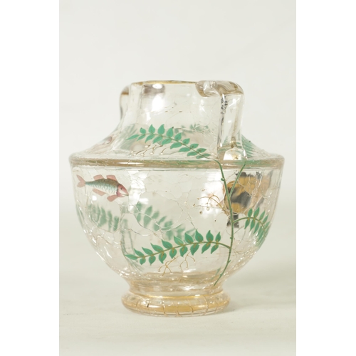 1 - AN EARLY 20TH CLEAR CRACKLEWARE TWO-HANDLED GLASS VASE with coloured enamel fish and fern spray deco... 