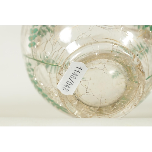 1 - AN EARLY 20TH CLEAR CRACKLEWARE TWO-HANDLED GLASS VASE with coloured enamel fish and fern spray deco... 