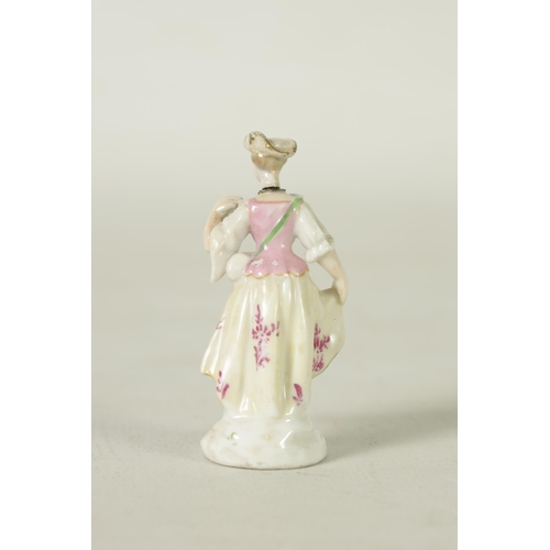 102 - AN 18TH CENTURY MEISSEN PURFUME BOTTLE AND STOPPER IN FITTED LEATHER CASE modelled as a standing cla... 