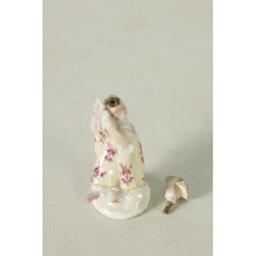 102 - AN 18TH CENTURY MEISSEN PURFUME BOTTLE AND STOPPER IN FITTED LEATHER CASE modelled as a standing cla... 