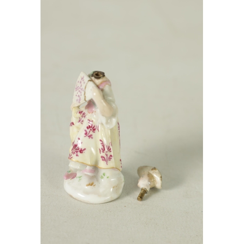 102 - AN 18TH CENTURY MEISSEN PURFUME BOTTLE AND STOPPER IN FITTED LEATHER CASE modelled as a standing cla... 