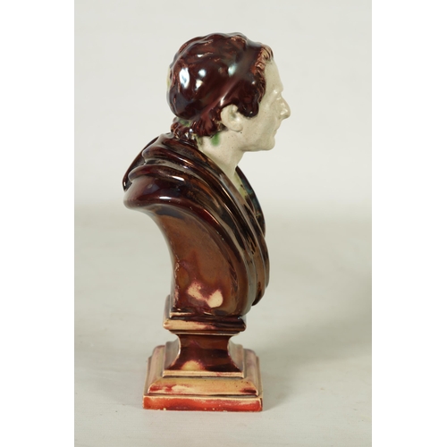 106 - A 19TH CENTURY PEARLWARE AND LUSTROUS GLAZED BUST SCULPTURED FIGURE OF CEASAR on a stepped square pl... 
