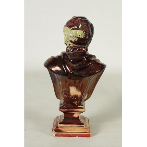 106 - A 19TH CENTURY PEARLWARE AND LUSTROUS GLAZED BUST SCULPTURED FIGURE OF CEASAR on a stepped square pl... 