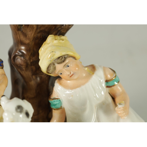 107 - AN EARLY 19TH CENTURY MINTON FIGURE GROUP DEPICTING CHILDREN FEEDING PETS on a gilt edge scrolled ba... 