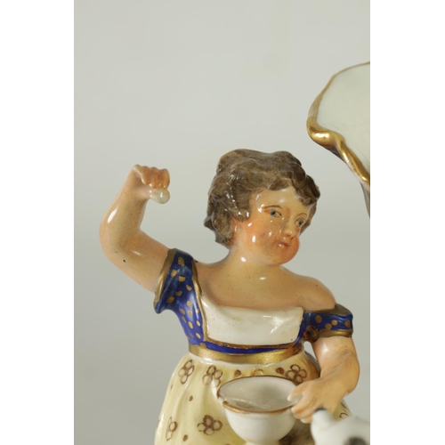 107 - AN EARLY 19TH CENTURY MINTON FIGURE GROUP DEPICTING CHILDREN FEEDING PETS on a gilt edge scrolled ba... 