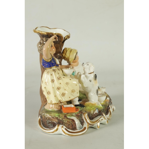 107 - AN EARLY 19TH CENTURY MINTON FIGURE GROUP DEPICTING CHILDREN FEEDING PETS on a gilt edge scrolled ba... 