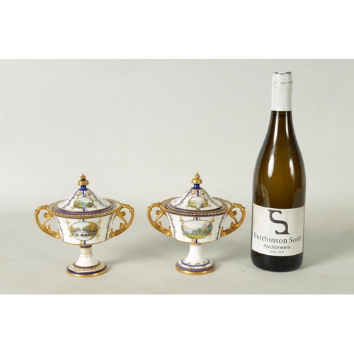 114 - A FINE PAIR OF ROYAL CROWN DERBY CAMPANA SHAPED TWO-HANDLED PEDESTAL VASES AND COVERS with richly gi... 