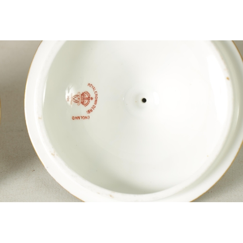 114 - A FINE PAIR OF ROYAL CROWN DERBY CAMPANA SHAPED TWO-HANDLED PEDESTAL VASES AND COVERS with richly gi... 