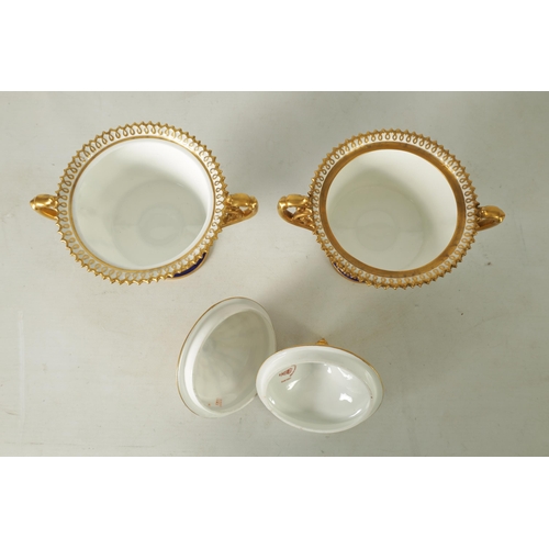 114 - A FINE PAIR OF ROYAL CROWN DERBY CAMPANA SHAPED TWO-HANDLED PEDESTAL VASES AND COVERS with richly gi... 