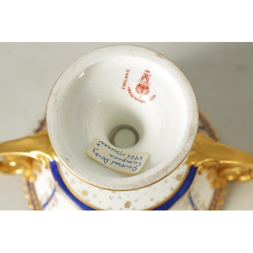 114 - A FINE PAIR OF ROYAL CROWN DERBY CAMPANA SHAPED TWO-HANDLED PEDESTAL VASES AND COVERS with richly gi... 
