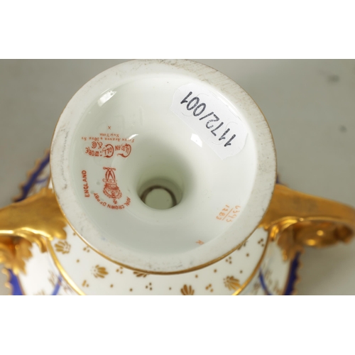 114 - A FINE PAIR OF ROYAL CROWN DERBY CAMPANA SHAPED TWO-HANDLED PEDESTAL VASES AND COVERS with richly gi... 