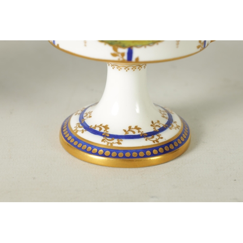 114 - A FINE PAIR OF ROYAL CROWN DERBY CAMPANA SHAPED TWO-HANDLED PEDESTAL VASES AND COVERS with richly gi... 
