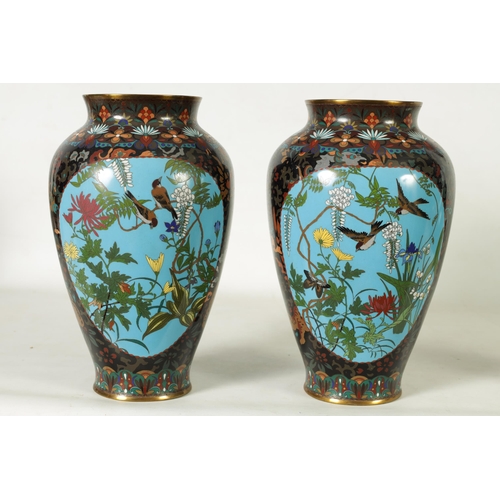 117 - A PAIR OF JAPANESE MEIJI PERIOD LARGE OVOID CLOISONNE VASES decorated bird in flowering landscape bl... 