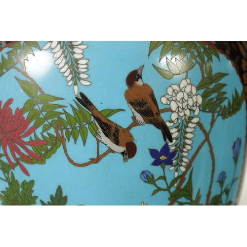 117 - A PAIR OF JAPANESE MEIJI PERIOD LARGE OVOID CLOISONNE VASES decorated bird in flowering landscape bl... 