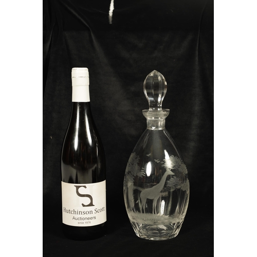 12 - A ROWLAND WARD SPIRIT DECANTER AND FACETTED STOPPER the ovoid body engraved with a giraffe in a tree... 